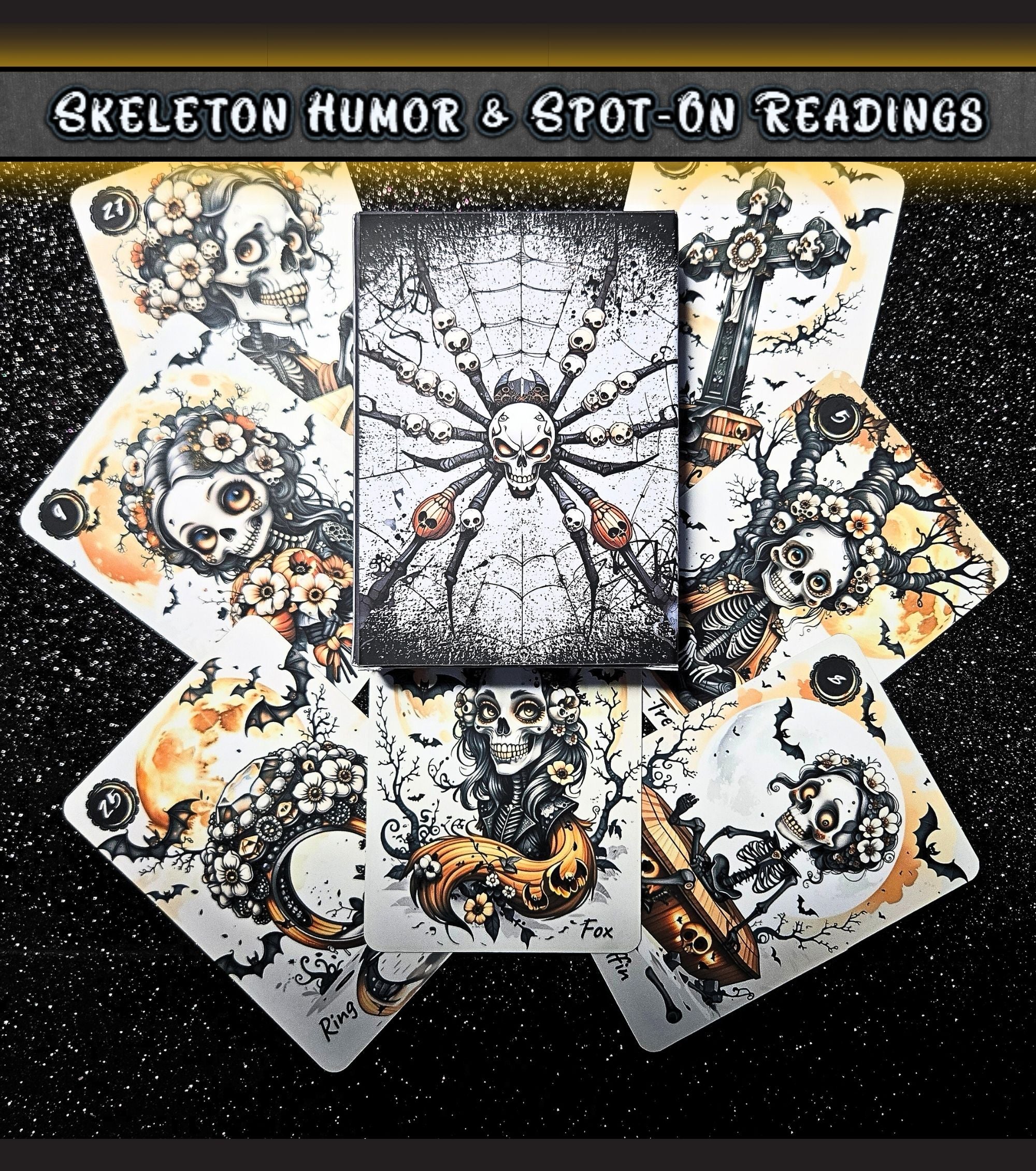 Bones of Fate gothic Lenormand deck box with spider skull back design surrounded by skeleton cards fan — Ring, Fox, Cross visible
