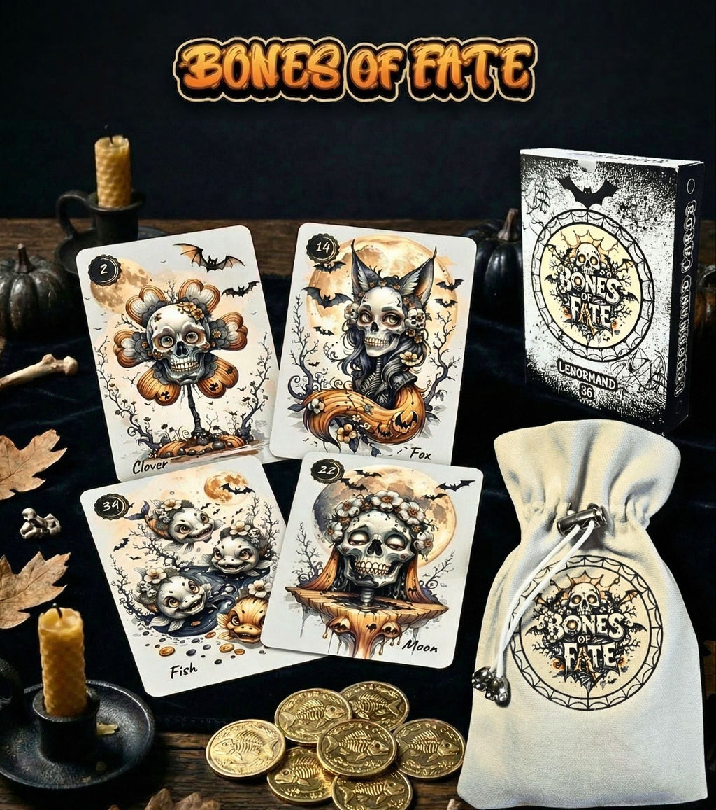 Bones of Fate gothic Lenormand cards Clover, Fox, Fish, Moon with deck box and fabric pouch - skeleton oracle cartomancy set