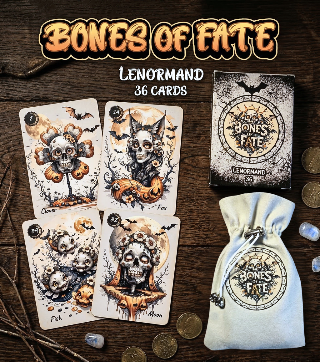 Bones of Fate Lenormand deck by MardokCraft, 36 skeleton-themed divination cards with custom tuck box and drawstring pouch