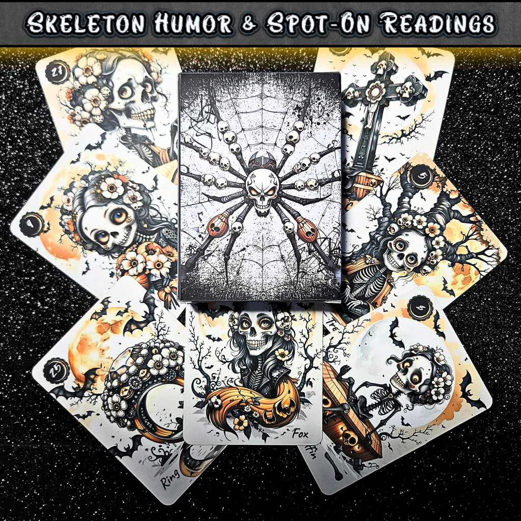 Back of the Bones of Fate deck box featuring a gothic Spider made of skulls. Unique Lenormand deck combining skeleton humor and spot-on readings for shadow work