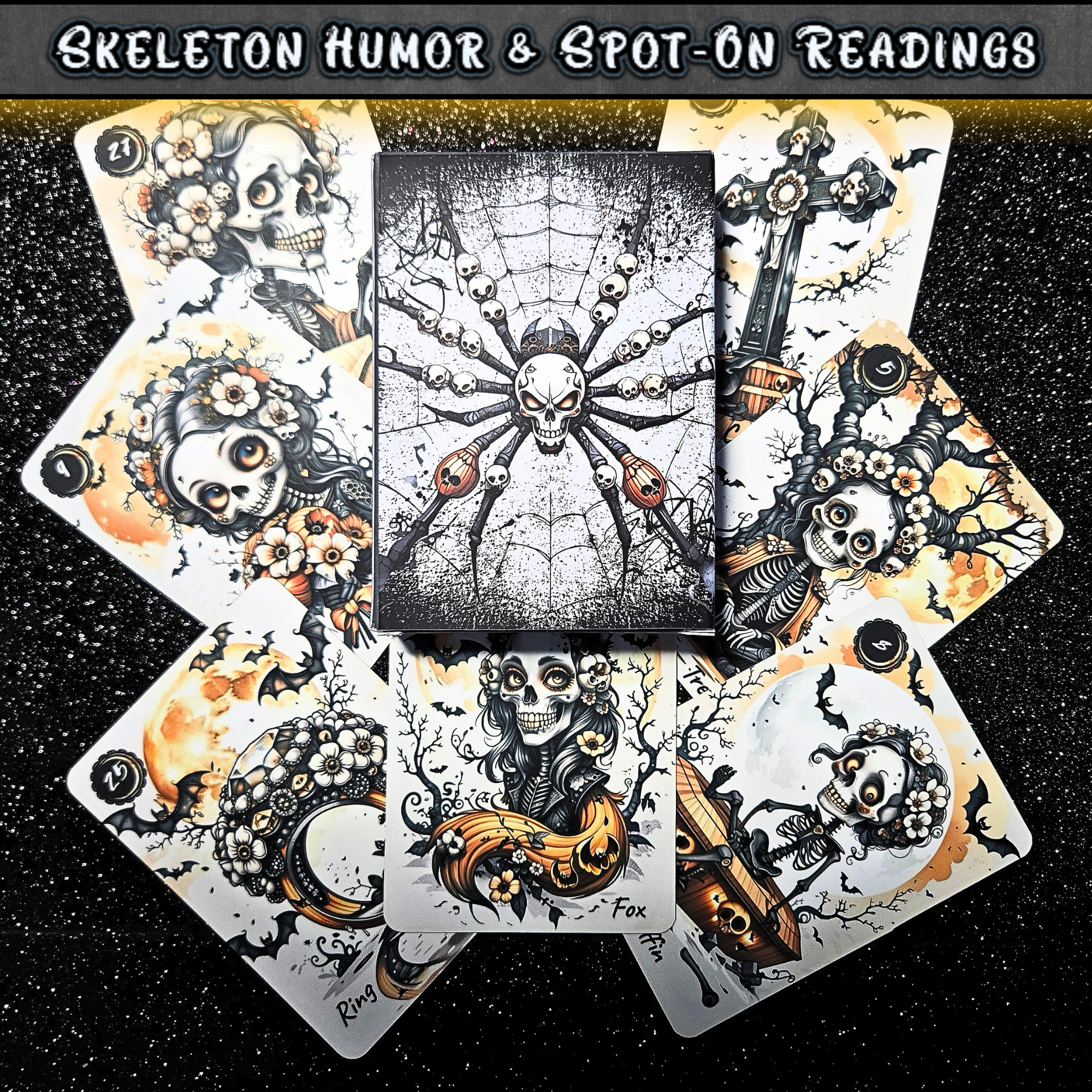 Back of the Bones of Fate deck box featuring a gothic Spider made of skulls. Unique Lenormand deck combining skeleton humor and spot-on readings for shadow work