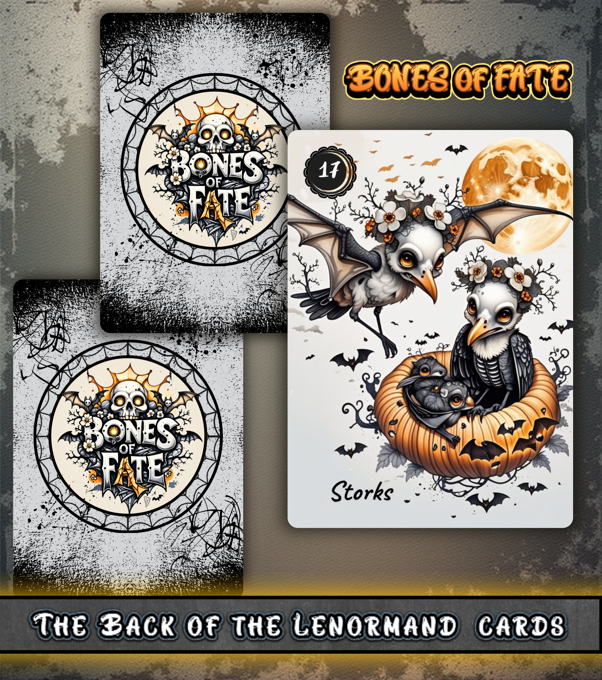 Back design of Bones of Fate Lenormand cards featuring gothic skull logo and Storks card. High-quality custom card deck for professional cartomancy and shadow work