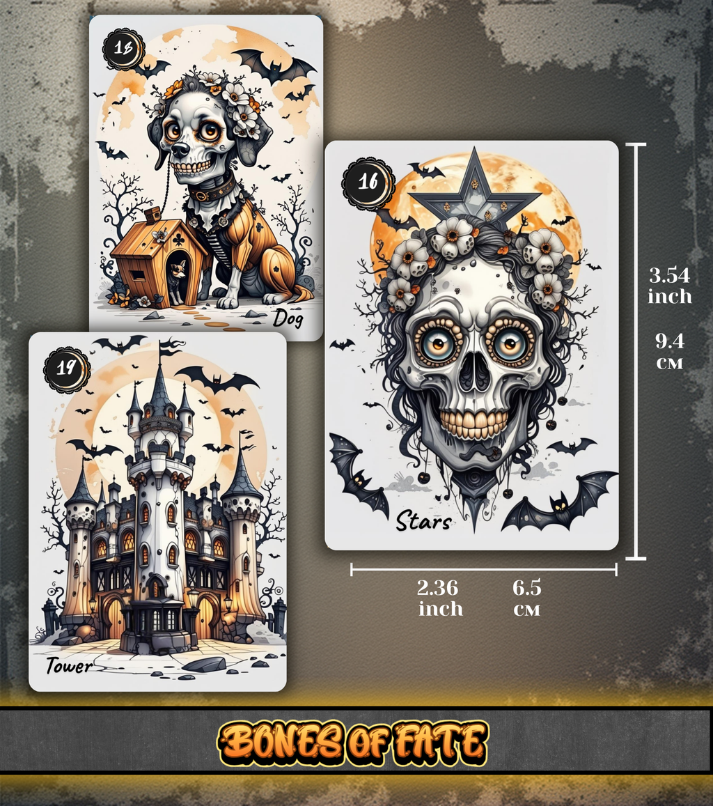 Bones of Fate Lenormand cards dimensions showing Bridge Size (9.4 x 6.5 cm). Cards featured: Dog, Tower, and Stars. Custom playing cards for cartomancy and divination