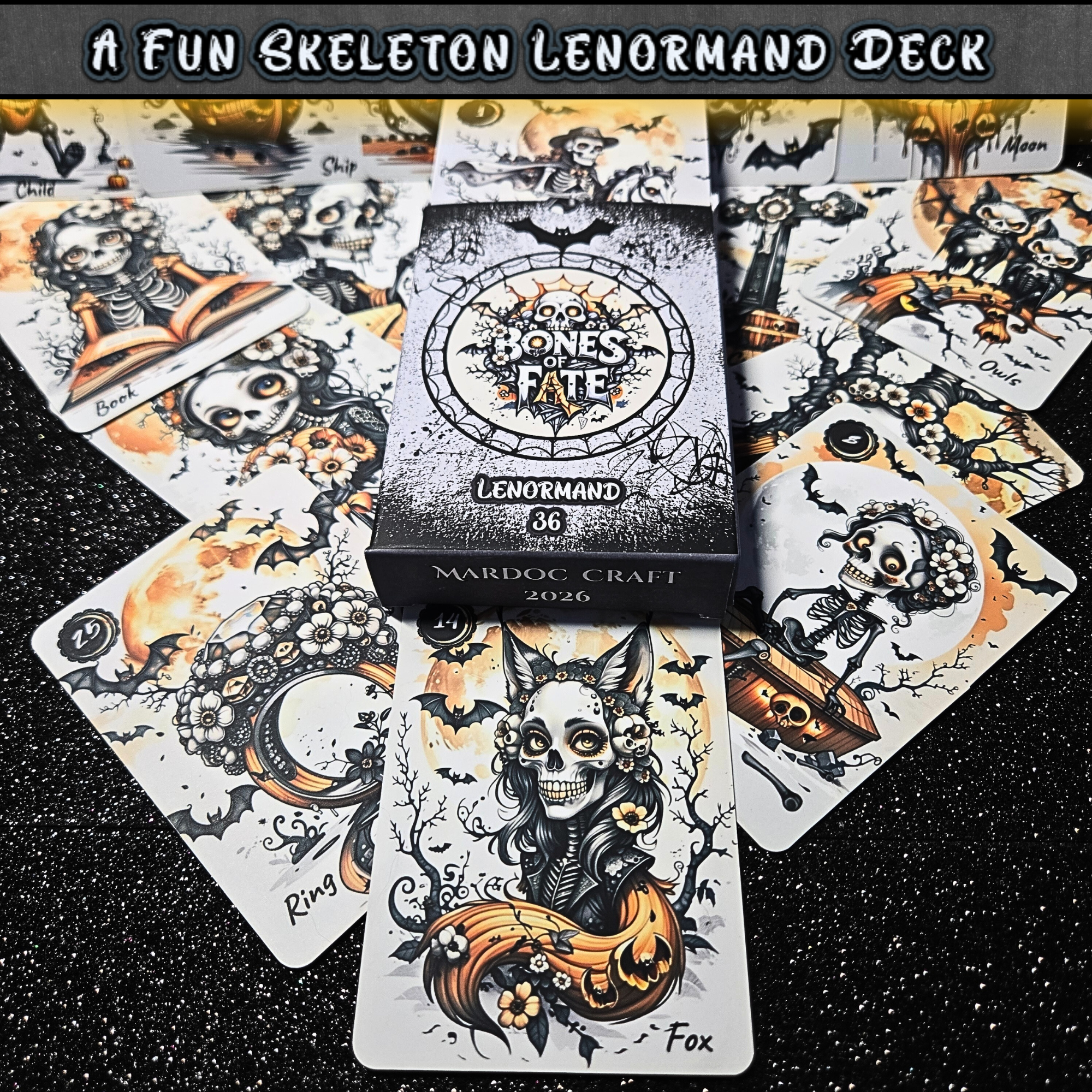Real photo of Bones of Fate Lenormand deck box surrounded by cards. Indie oracle deck with gothic design. High-quality occult accessories for modern witches