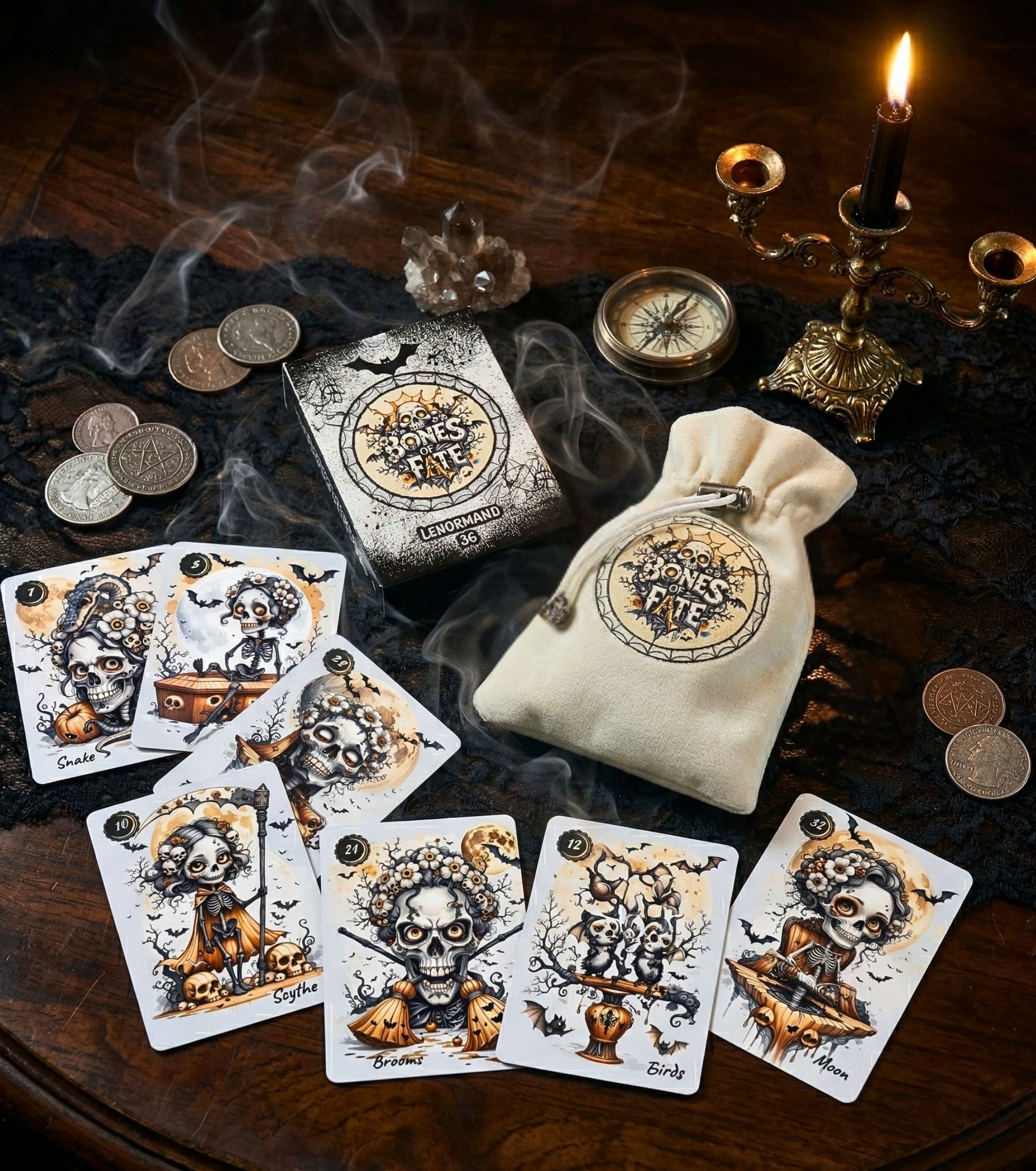 Bones of Fate gothic Lenormand cards Snake, Scythe, Brooms, Birds, Moon with box and pouch on dark wooden altar — smoke, coins and crystal