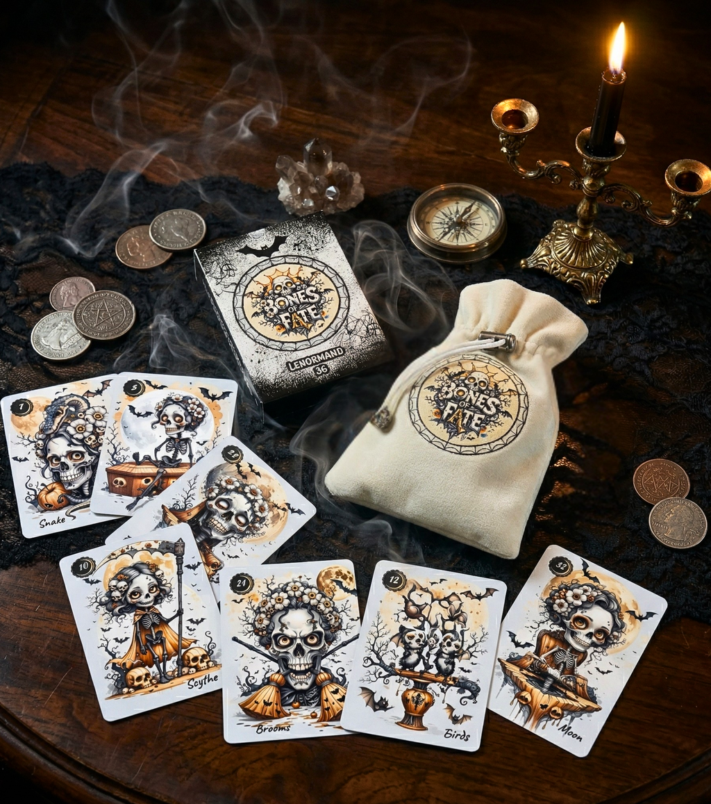 Bones of Fate Lenormand deck by MardokCraft, featuring gothic skeleton cards Snake, Scythe, and Moon, with custom tuck box and pouch in a mystical smoke setting
