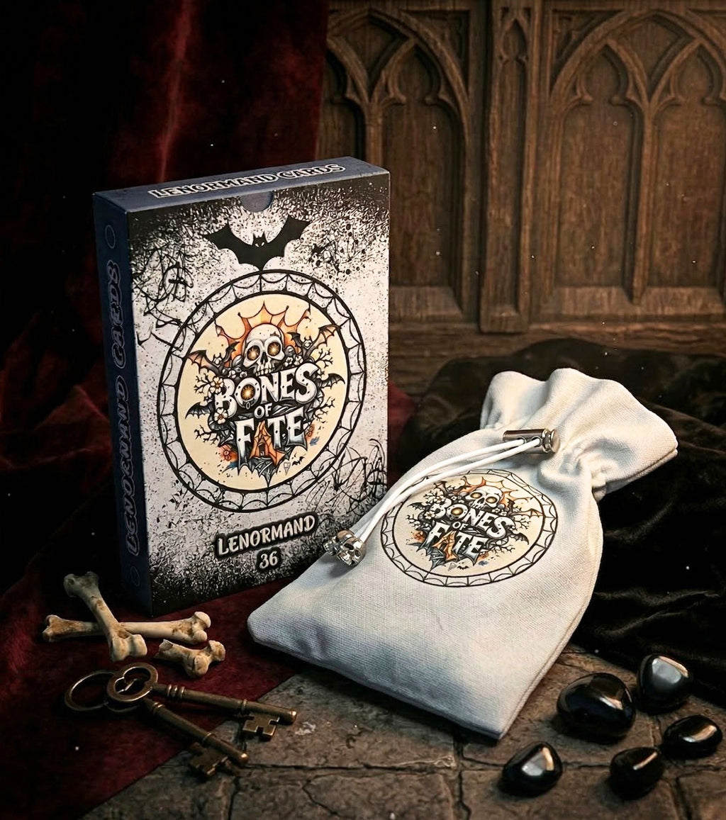 Bones of Fate gothic Lenormand deck box and fabric pouch on dark altar with antique keys, bones and black crystals