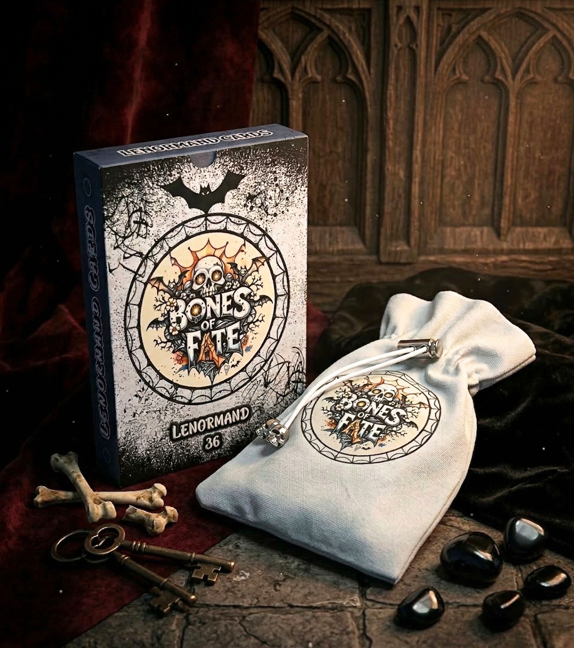 Bones of Fate gothic Lenormand deck box and fabric pouch on dark altar with antique keys, bones and black crystals