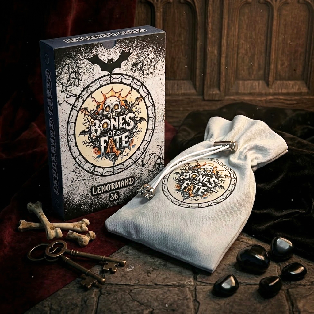 Bones of Fate 36 card Lenormand deck by MardocCraft. The gothic box features a skull and bat illustration, placed next to a matching printed drawstring pouch. The divination set is styled on a stone background with real bones, vintage skeleton keys, and black obsidian stones