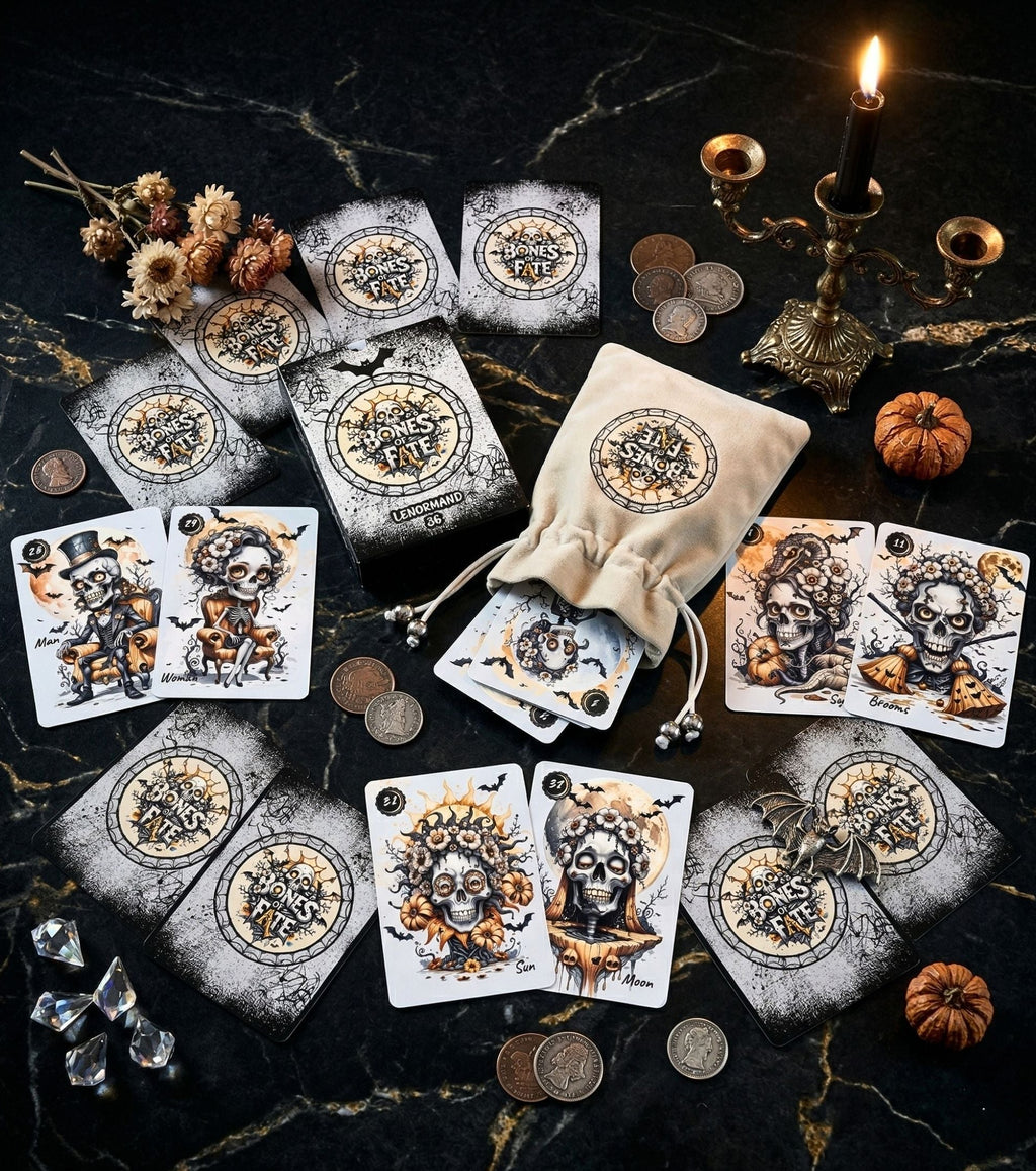 Bones of Fate gothic Lenormand deck with box, fabric pouch and skeleton cards on black marble — coins, pumpkins and black candle flatlay