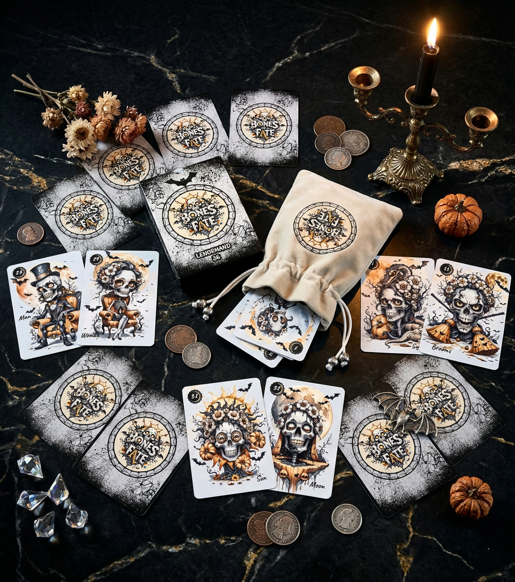 Indie skeleton Lenormand deck, 36-card spooky divination set, Bones of Fate by MardokCraft, Halloween-themed oracle cards with velvet pouch