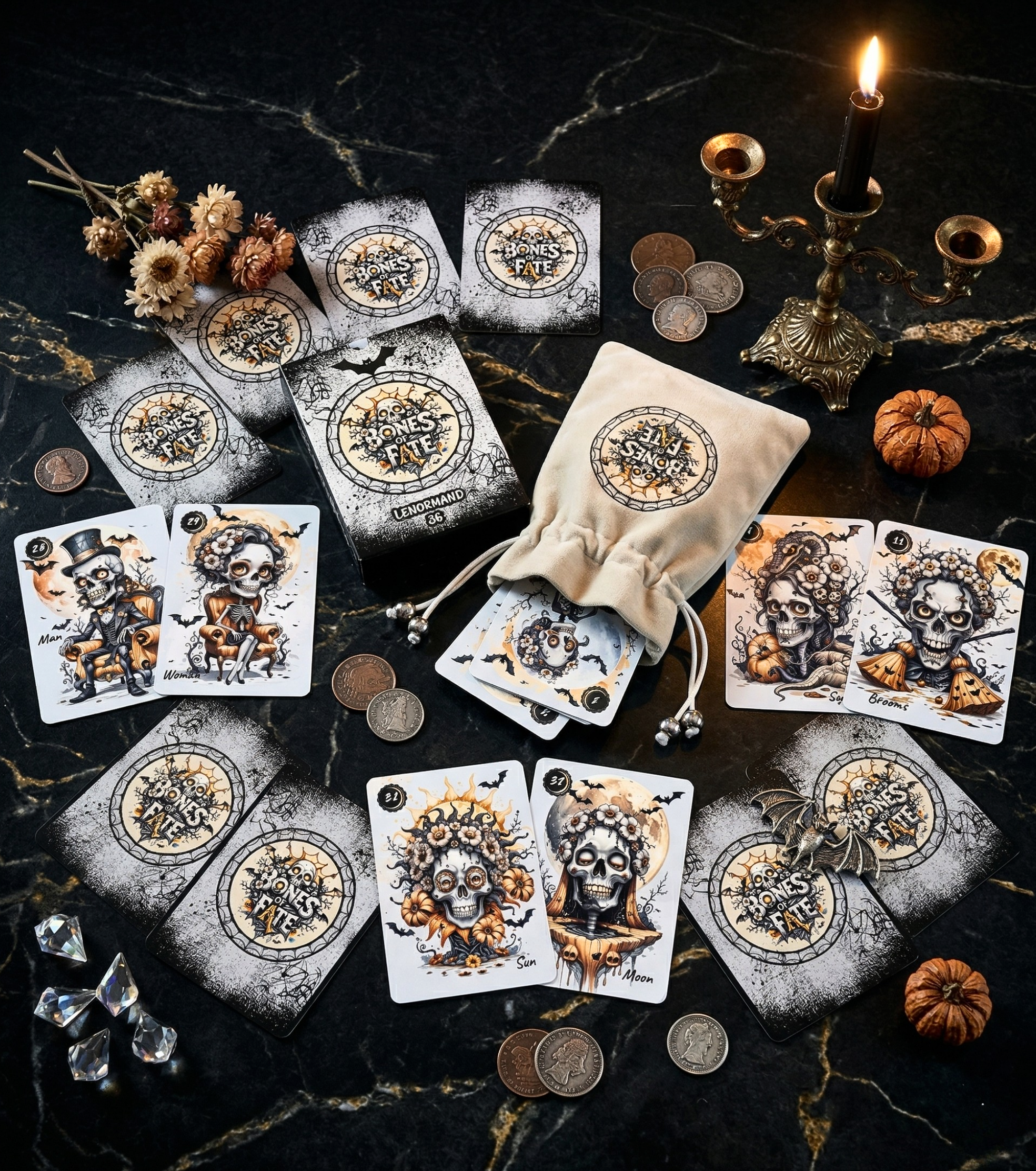Indie skeleton Lenormand deck, 36-card spooky divination set, Bones of Fate by MardokCraft, Halloween-themed oracle cards with velvet pouch