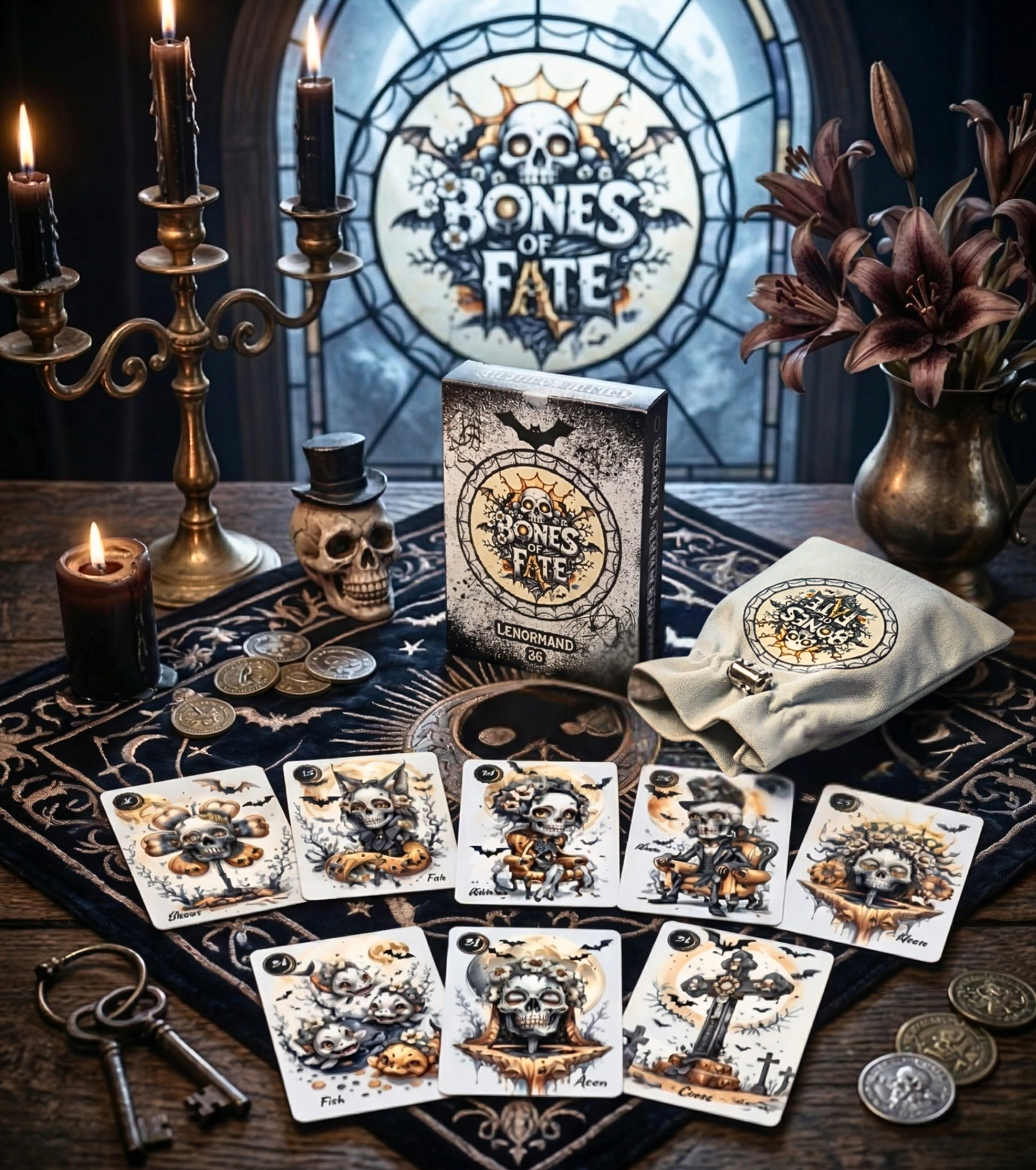 Bones of Fate Lenormand deck by MardokCraft, 36-card gothic skeleton divination set with deluxe tuck box and pouch, featured on a mystical altar with candles