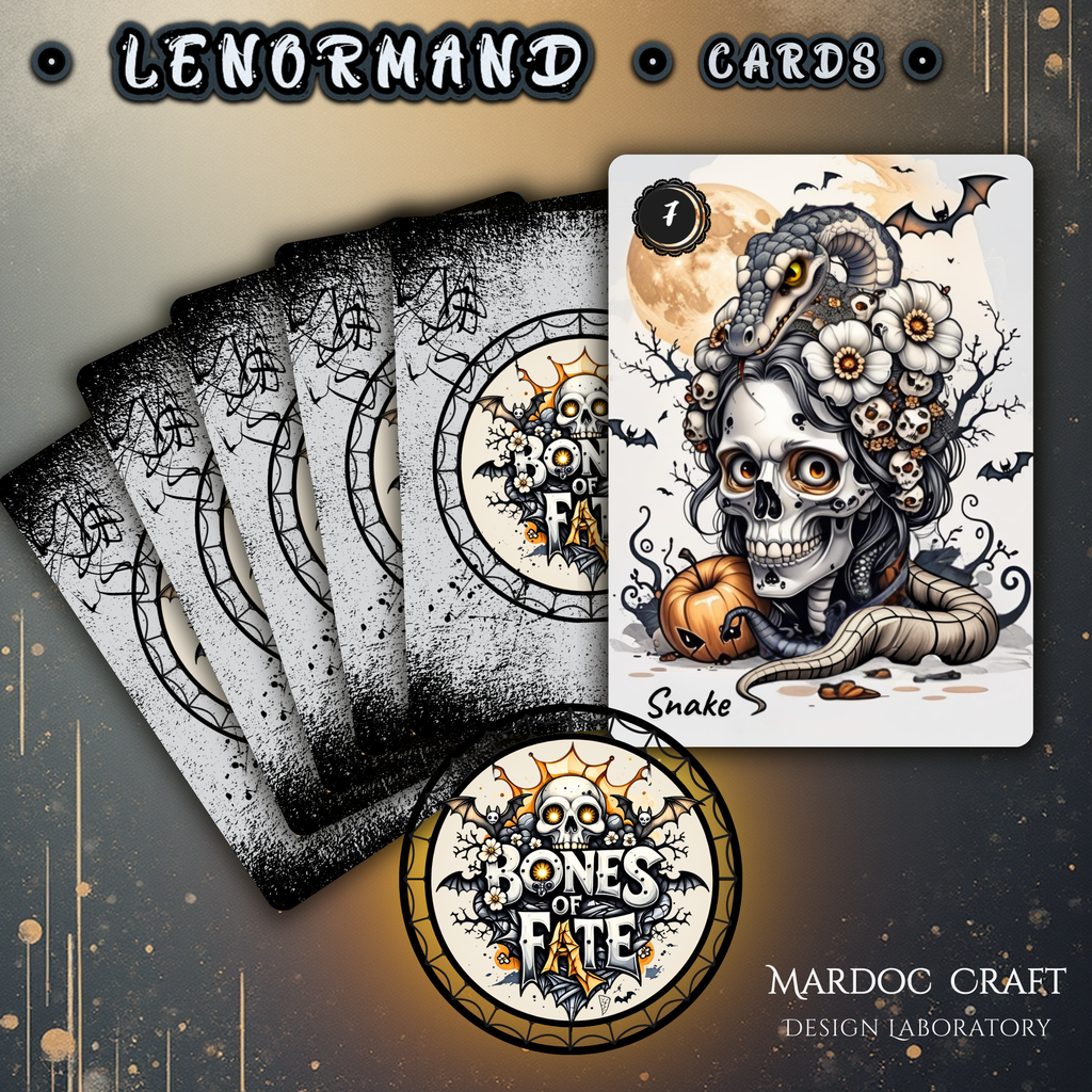Fan of Bones of Fate Lenormand cards showing gothic card back design and the Snake card. Handcrafted indie deck by Mardoc Craft Design Laboratory for professional readings
