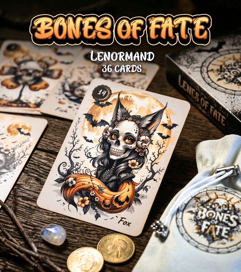 Bones of Fate Lenormand by MardokCraft, close-up of the Fox card from the 36-card skeleton-themed indie deck, including custom tuck box and drawstring pouch