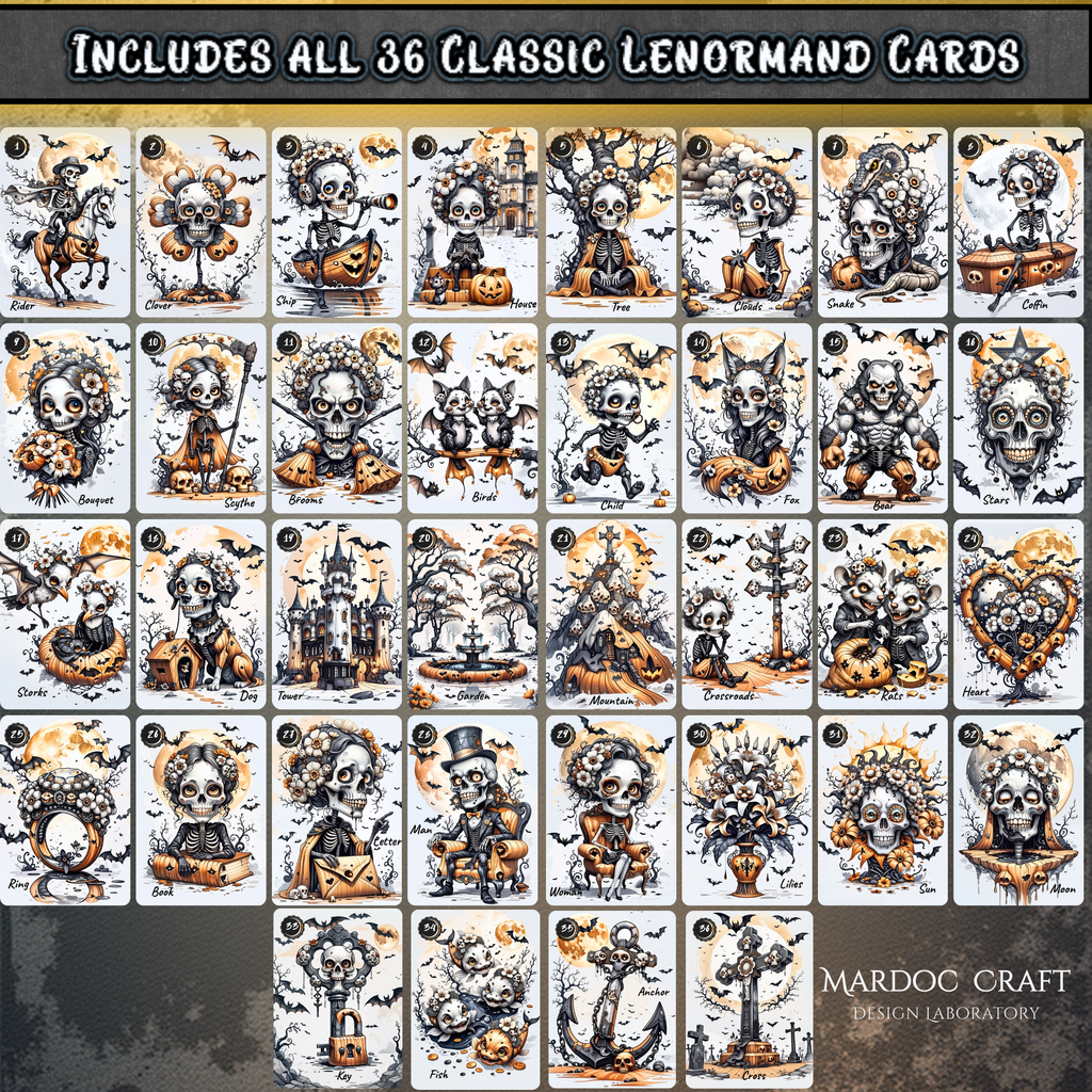 Complete set of 36 Bones of Fate Lenormand cards. Full overview of the custom divination tool including Rider, Clover, Ship, and Cross. Perfect for Grand Tableau readings