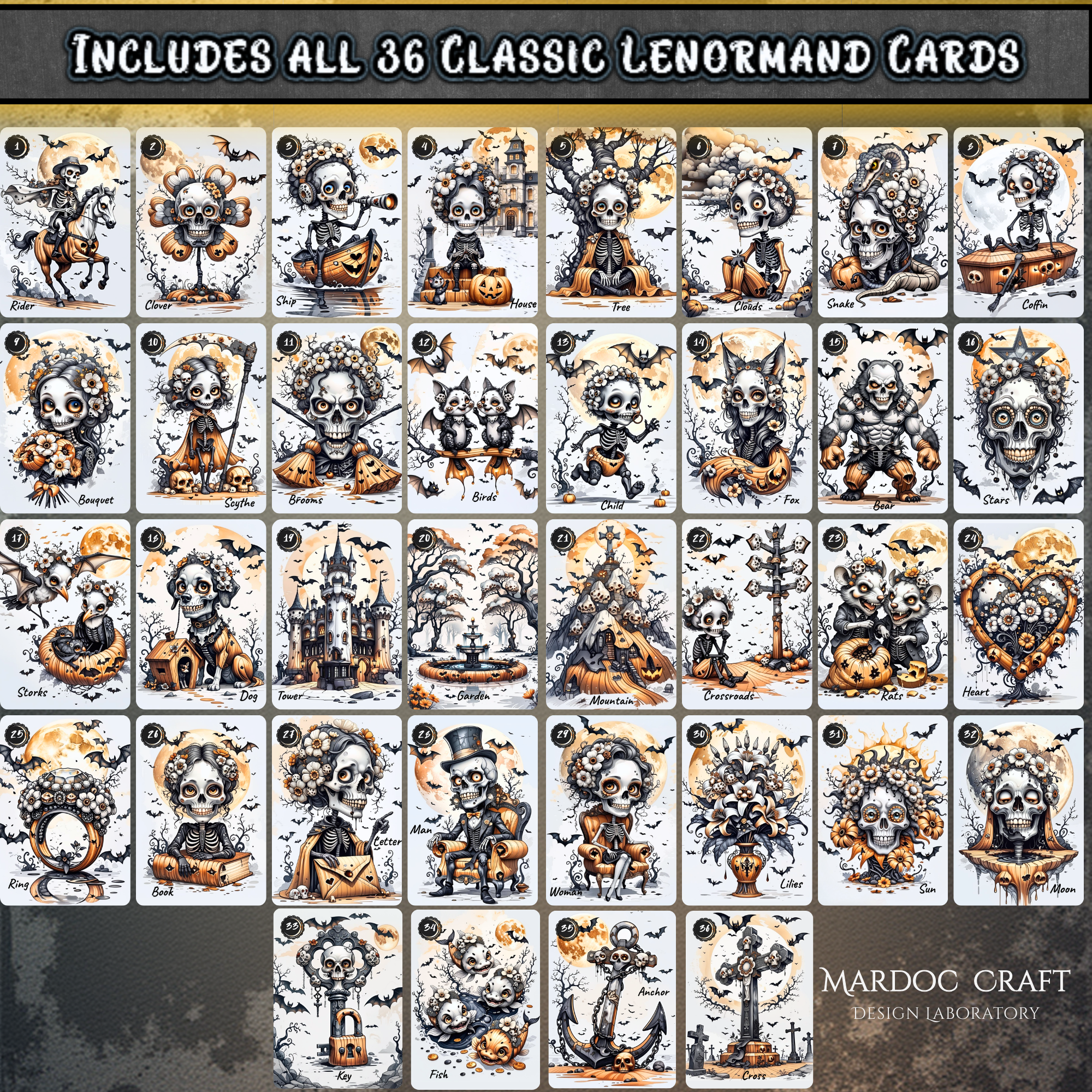 Complete set of 36 Bones of Fate Lenormand cards. Full overview of the custom divination tool including Rider, Clover, Ship, and Cross. Perfect for Grand Tableau readings