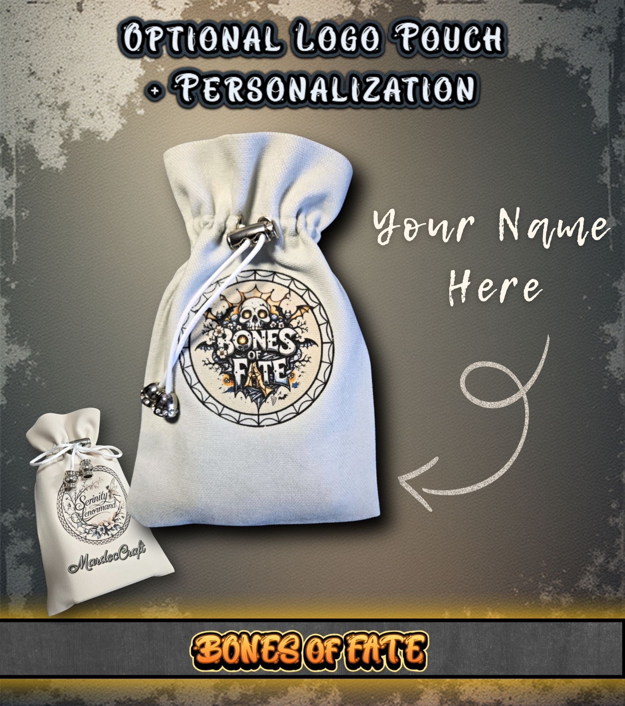 Bones of Fate Lenormand personalized fabric drawstring pouch with gothic skull logo — custom name witchy gift for oracle deck storage
