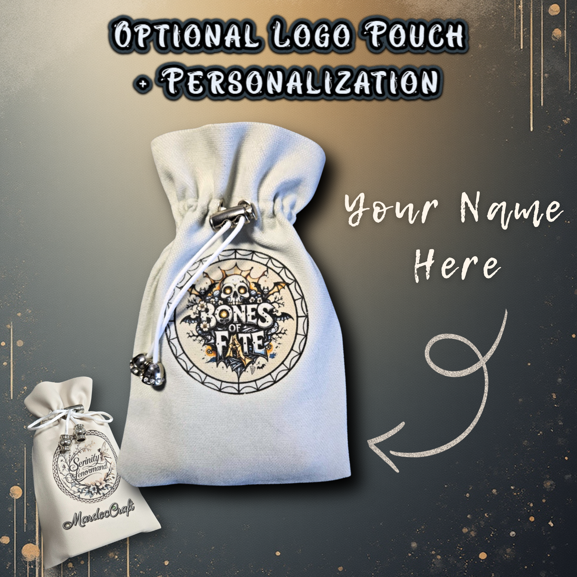 Personalized drawstring pouch for Bones of Fate Lenormand deck. Custom name option on high-quality fabric bag. Ideal witchy gift and protective storage for divination tools