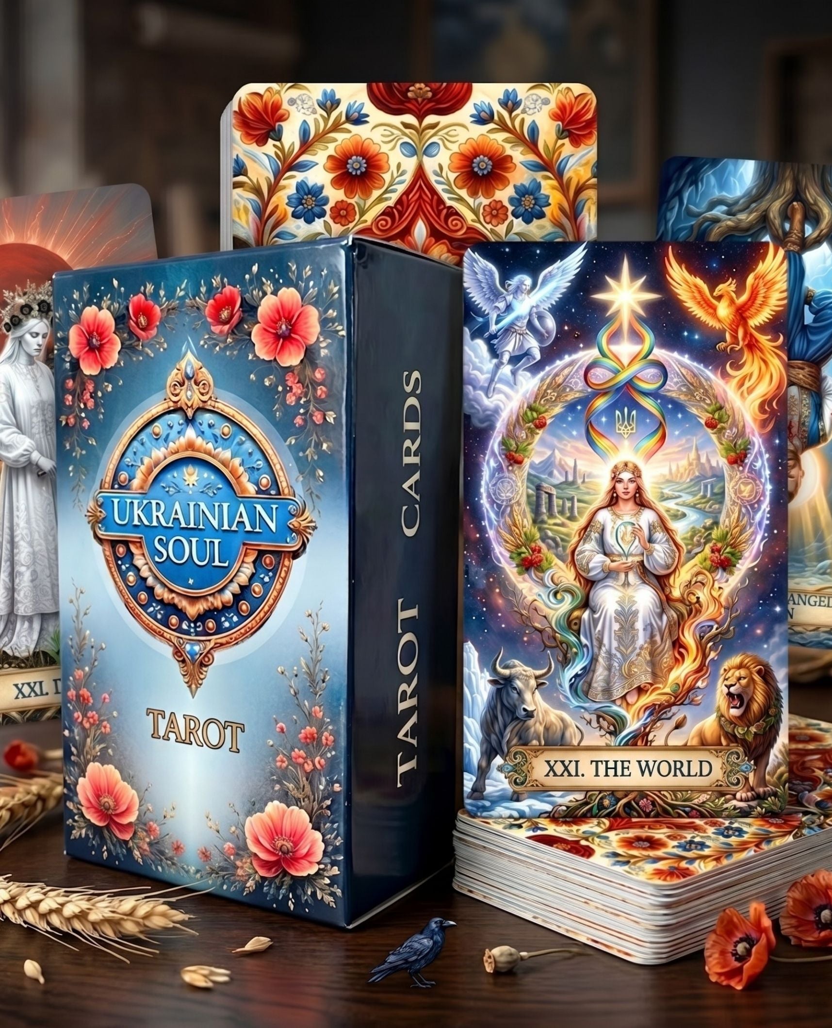 Ukrainian Soul Tarot box with red poppies and XXI The World card showing woman with tryzub, phoenix and lion — handmade indie deck MardocCraft