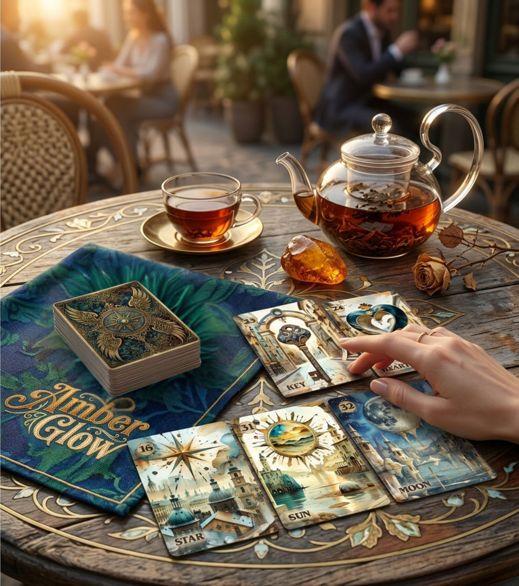 Handmade steampunk Lenormand Star, Sun, Moon, Key cards spread at cafe table with glass teapot and amber stone — MardocCraft