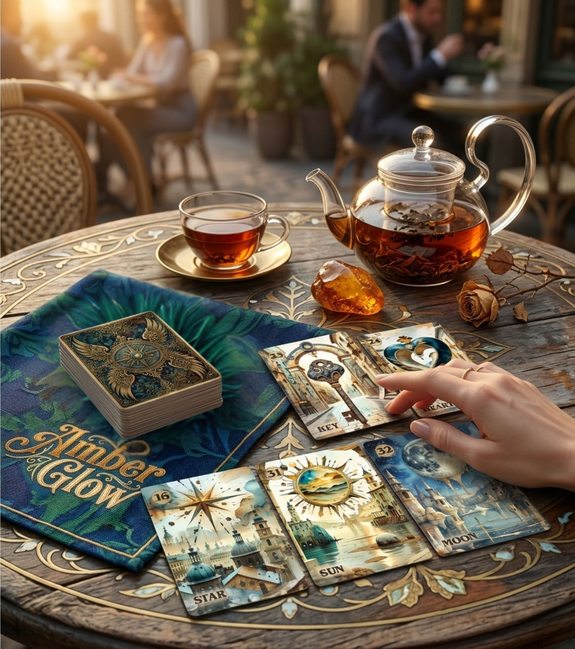 Handmade steampunk Lenormand Star, Sun, Moon, Key cards spread at cafe table with glass teapot and amber stone — MardocCraft