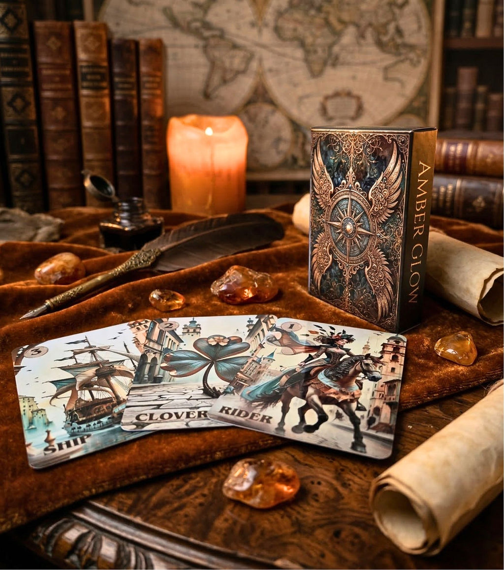 Dark academia setting with Amber Glow Lenormand deck, Ship, Clover and Rider cards — candle, amber stones, vintage books, handmade oracle MardocCraft