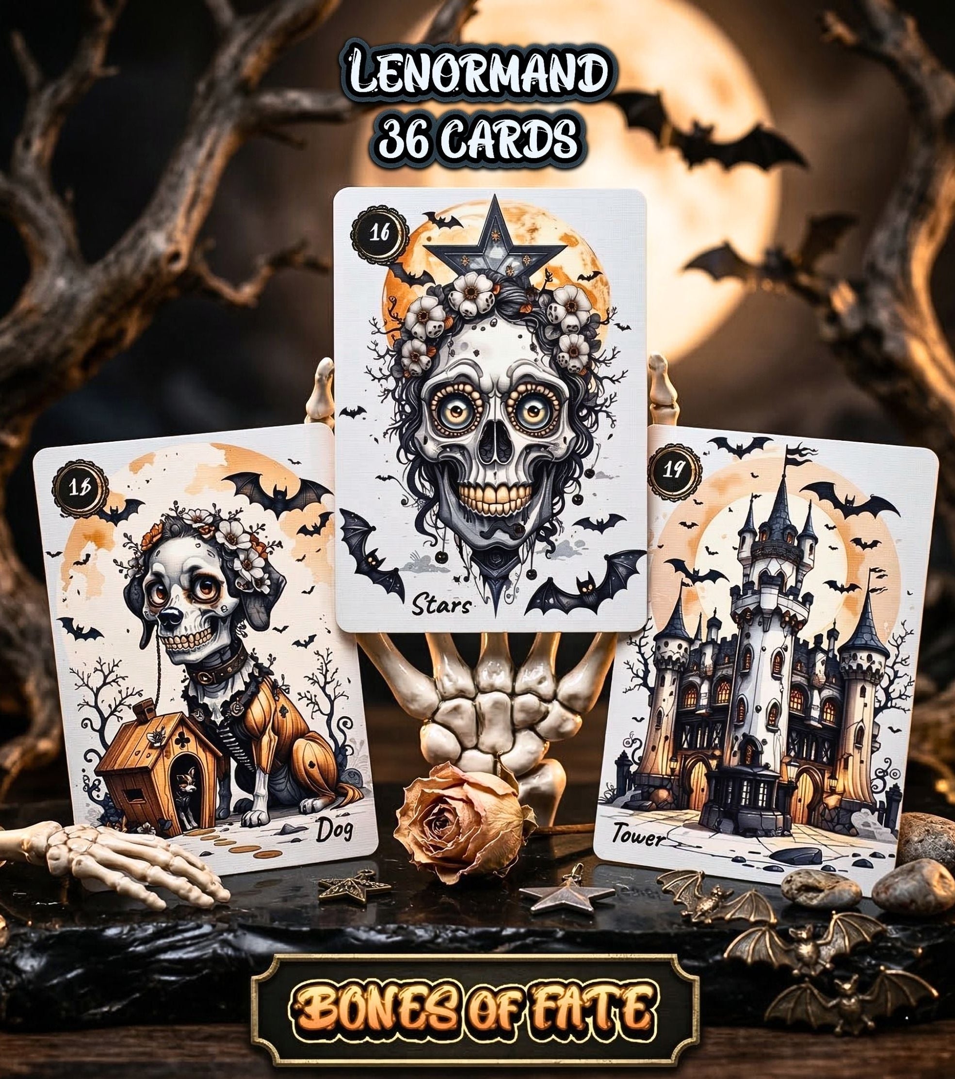 Bones of Fate gothic Lenormand deck - three skeleton cards Dog, Stars, Tower displayed against dark moonlit background, MardocCraft