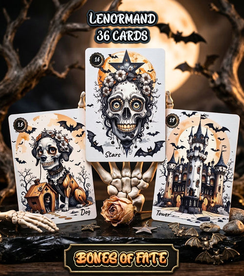 Bones of Fate gothic Lenormand deck - three skeleton cards Dog, Stars, Tower displayed against dark moonlit background, MardocCraft