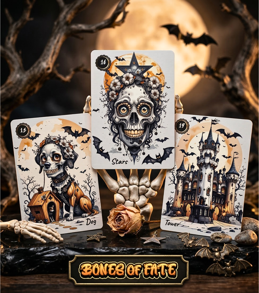 Gothic skeleton Lenormand card deck "Bones of Fate" spread on a table with candles, handmade in Ukraine. Close-up of three cards from the Bones of Fate esoteric card set: the Dog, the Stars, and the Tower. The cards feature gothic skull and skeleton illustrations and are displayed on a spooky skeletal hand stand. The background includes a full moon, dark branches, a dried rose, and small metal bat charms
