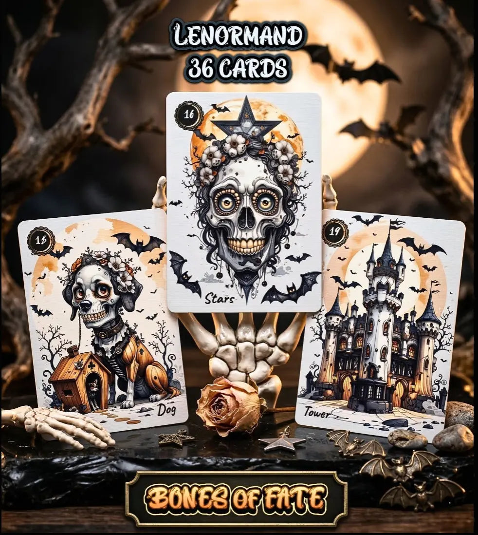 Bones of Fate gothic Lenormand deck - three skeleton cards Dog, Stars, Tower displayed against dark moonlit background, MardocCraft