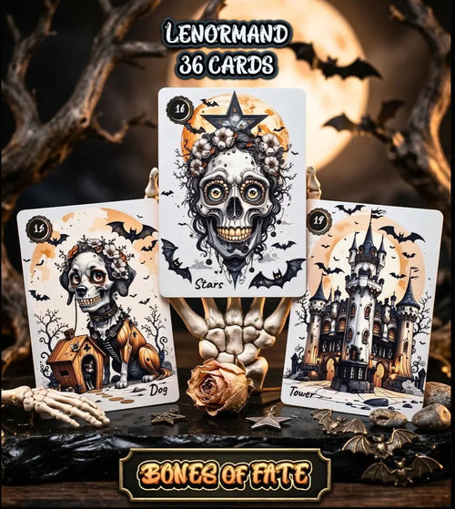 Bones of Fate gothic Lenormand deck - three skeleton cards Dog, Stars, Tower displayed against dark moonlit background, MardocCraft