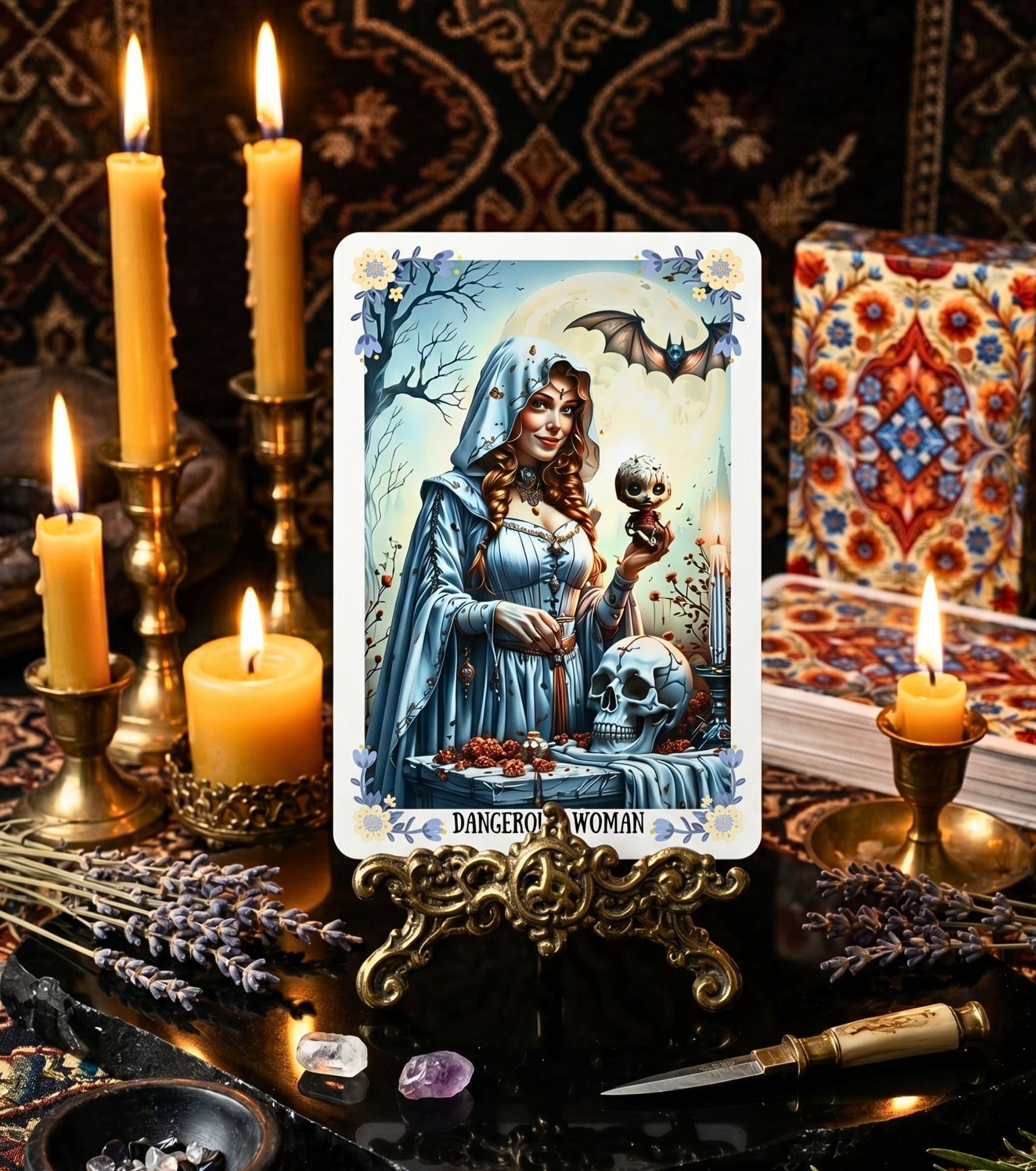 Altar styled card display Ukrainian Soul Oracle — witchy dark aesthetic candles divination MardocCraft