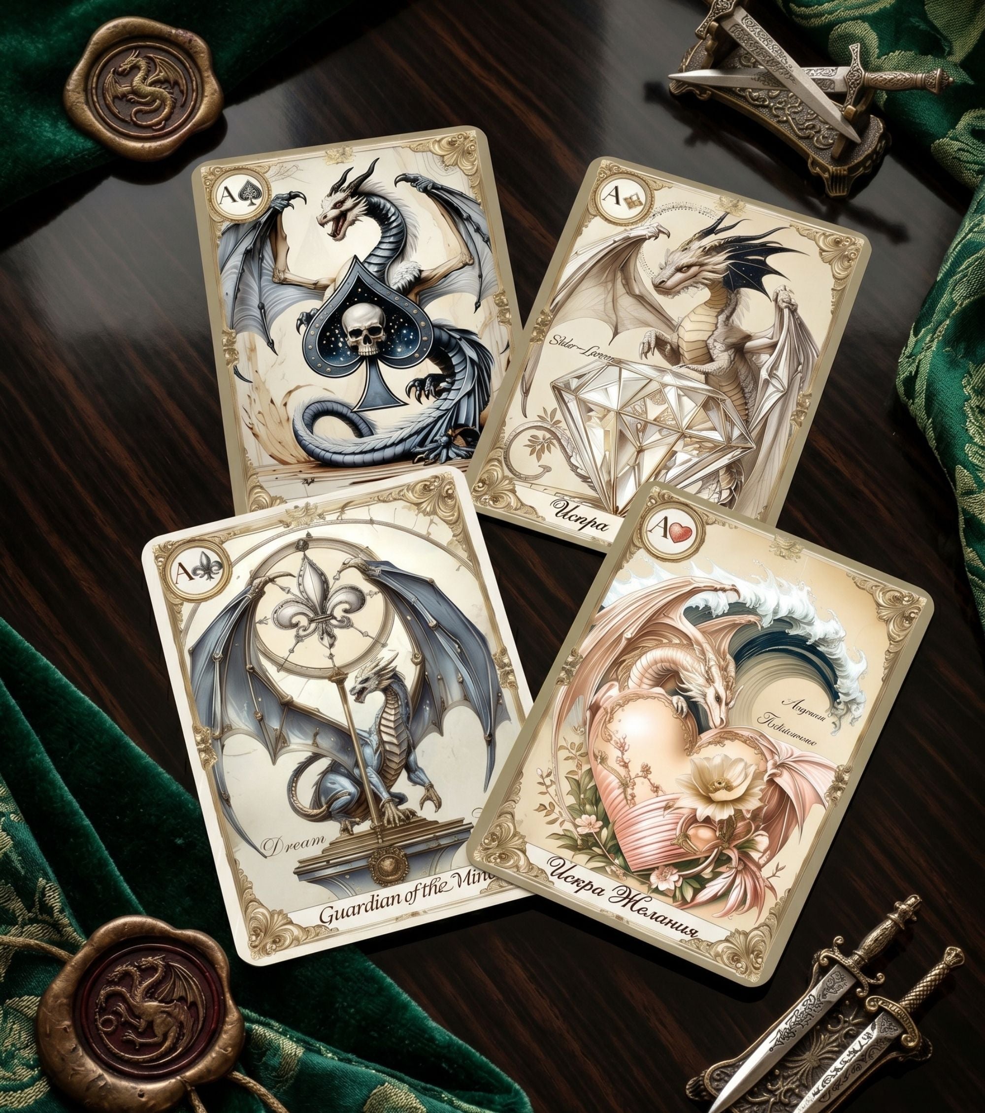 Oracle Palace of Secrets 4 dragon illustration cards on dark wood with green velvet and wax seals — fortune telling playing cards artwork detail