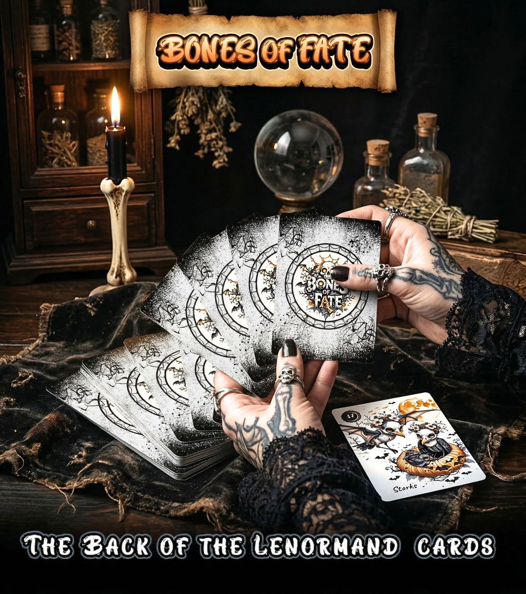 Bones of Fate gothic Lenormand card backs held by tattooed witch hands — dark occult cartomancy deck with crystal ball and black candle