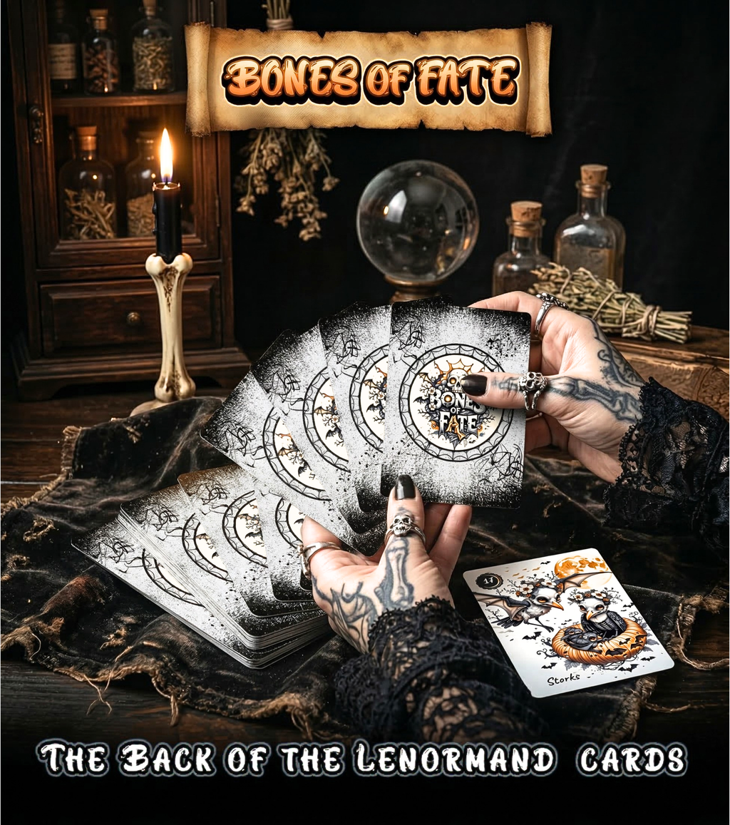 Hands with skeleton tattoos and silver rings holding an esoteric card set, showing the distressed black and white back design featuring a skull and bats. A single Storks card rests on dark velvet next to a glowing black candle in a bone holder and a glass crystal ball.