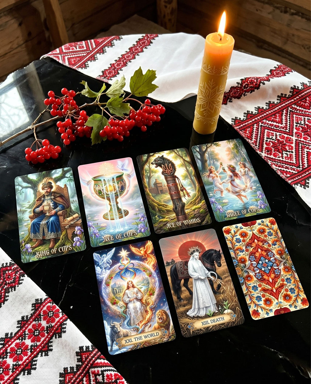 Ukrainian Soul Tarot spread with King of Cups, Ace of Wands, The World, Death on black table with beeswax candle and viburnum — MardocCraft