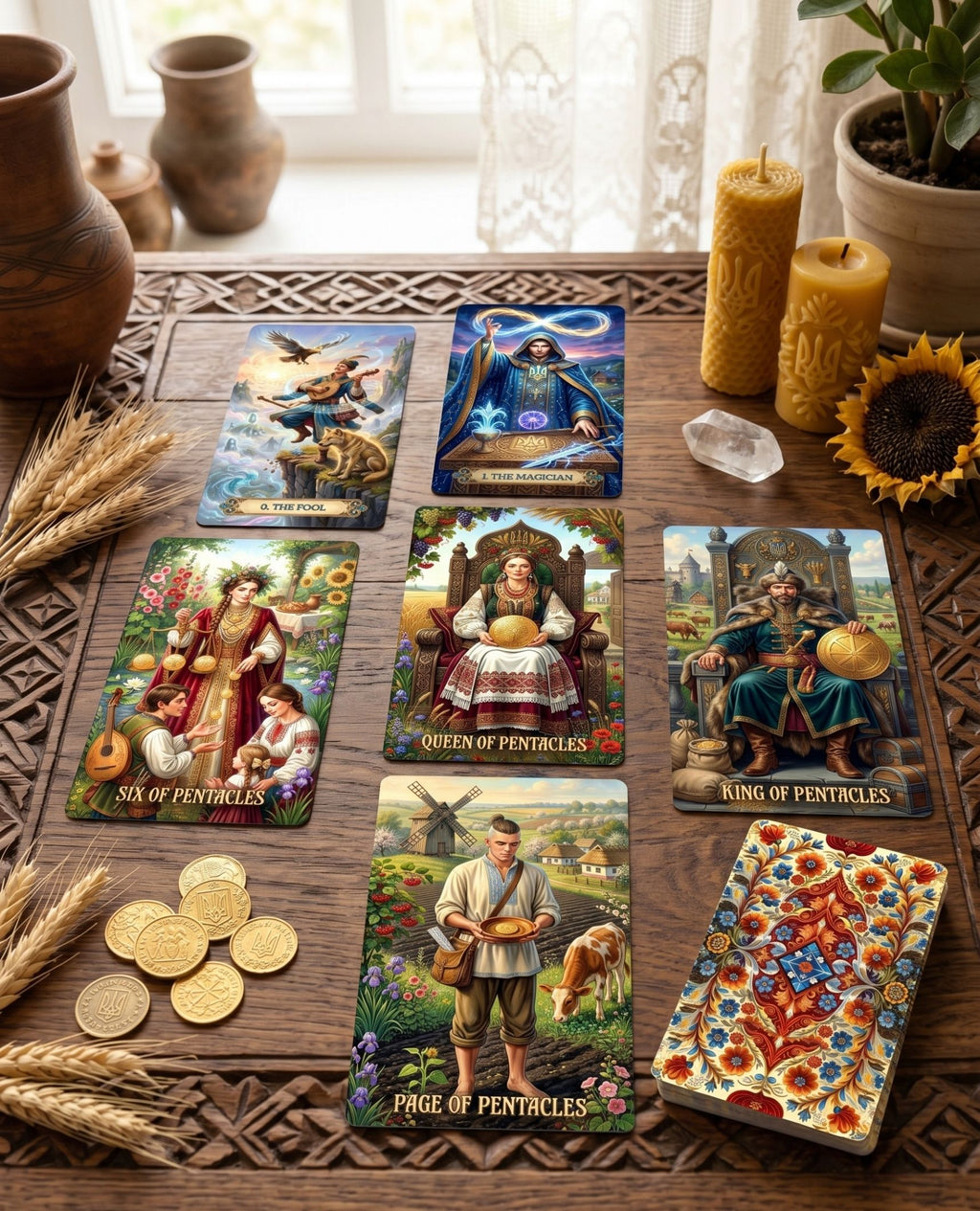 Ukrainian Soul Tarot Pentacles spread on carved wooden table with gold coins, wheat and sunflower — handmade folk art deck MardocCraft