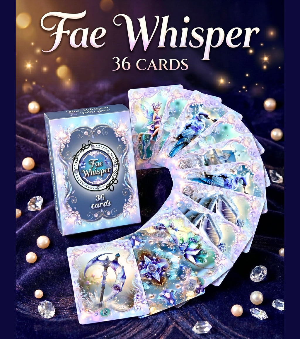 Fae Whisper Lenormand deck box and 36 cards spread in arc on dark velvet — fairy oracle cartomancy deck MardocCraft