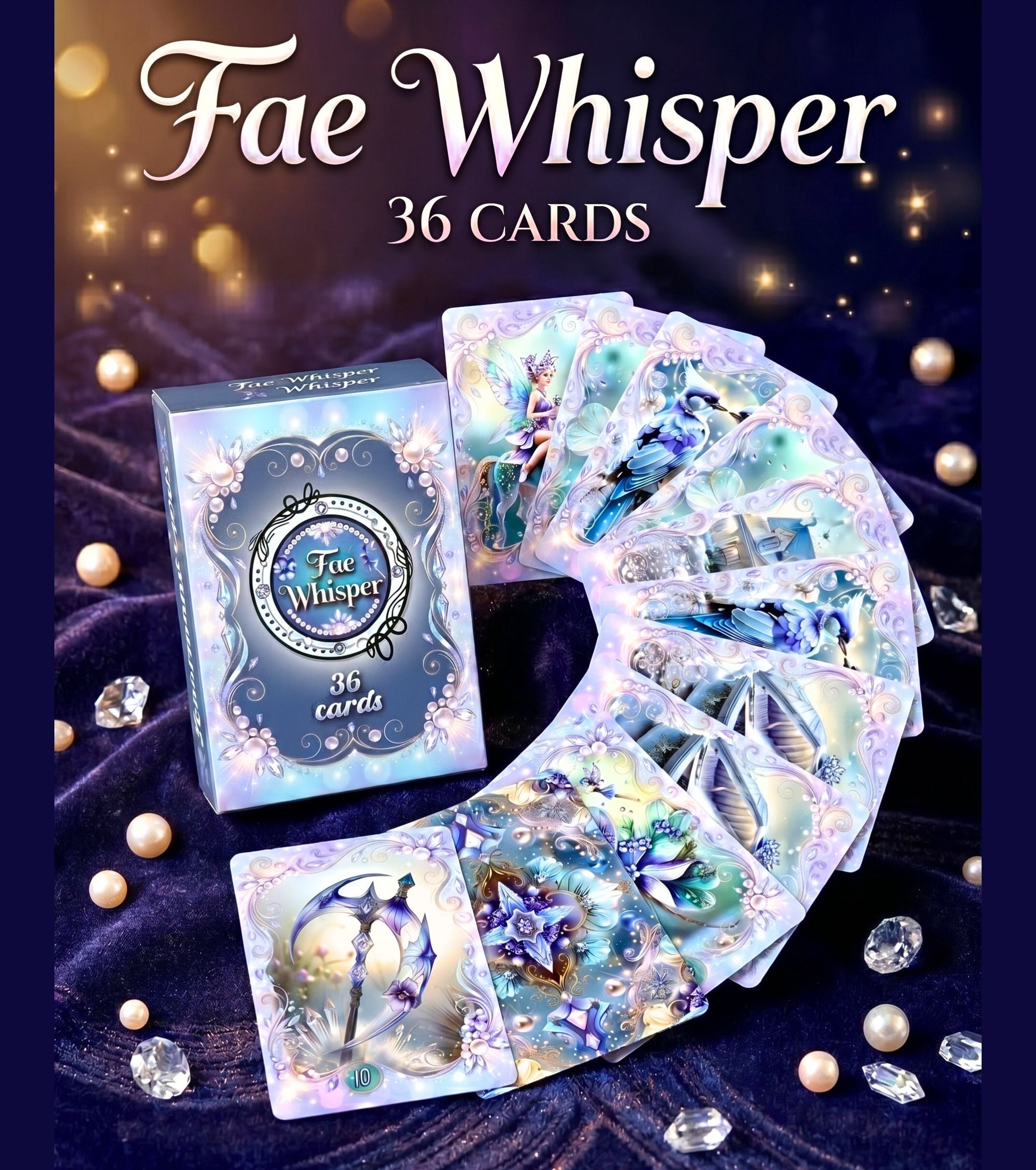 Fae Whisper Lenormand deck box and 36 cards spread in arc on dark velvet — fairy oracle cartomancy deck MardocCraft
