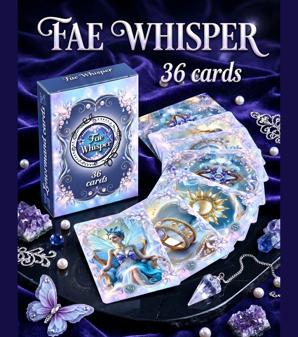 Fae Whisper Lenormand box with cards fanned beside it — Woman Ring Sun cards visible, amethyst crystals and pendulum, fairy oracle deck