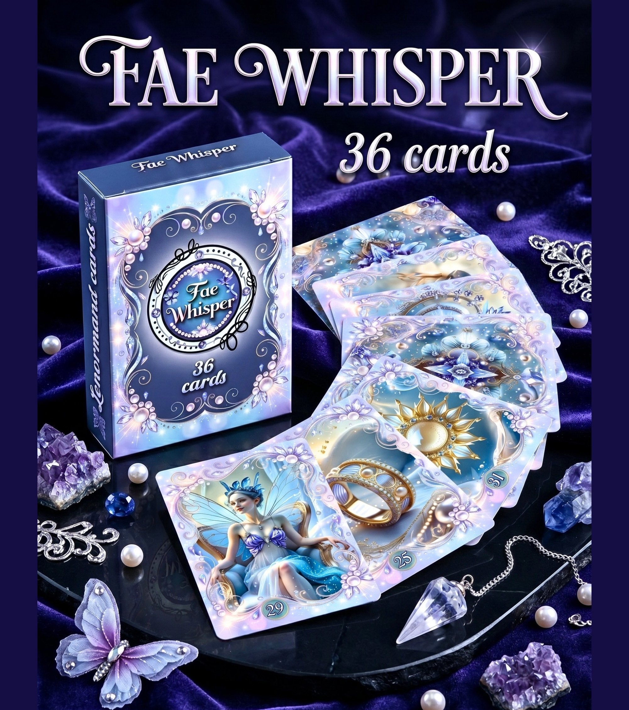 Fae Whisper Lenormand box with cards fanned beside it — Woman Ring Sun cards visible, amethyst crystals and pendulum, fairy oracle deck