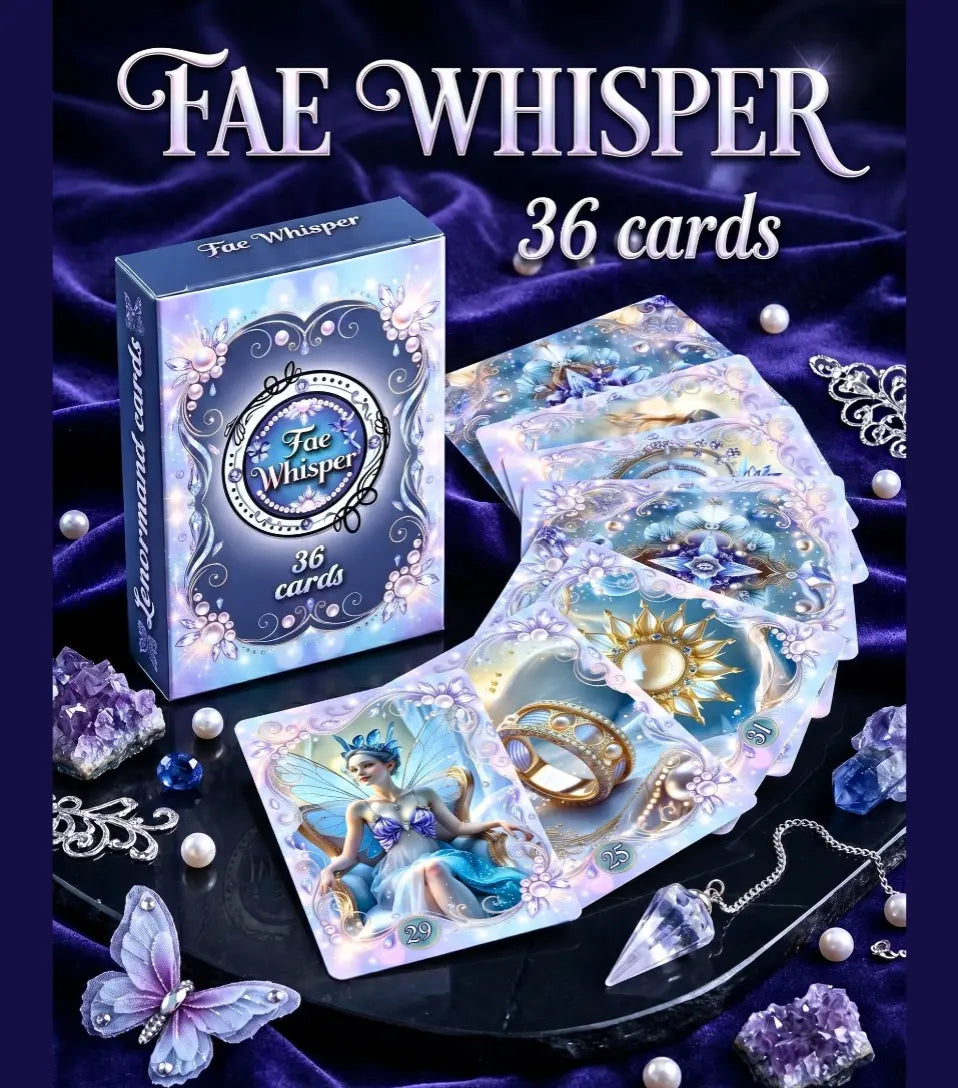 Fae Whisper Lenormand box with cards fanned beside it — Woman Ring Sun cards visible, amethyst crystals and pendulum, fairy oracle deck