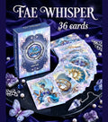 Fae Whisper Lenormand box with cards fanned beside it — Woman Ring Sun cards visible, amethyst crystals and pendulum, fairy oracle deck