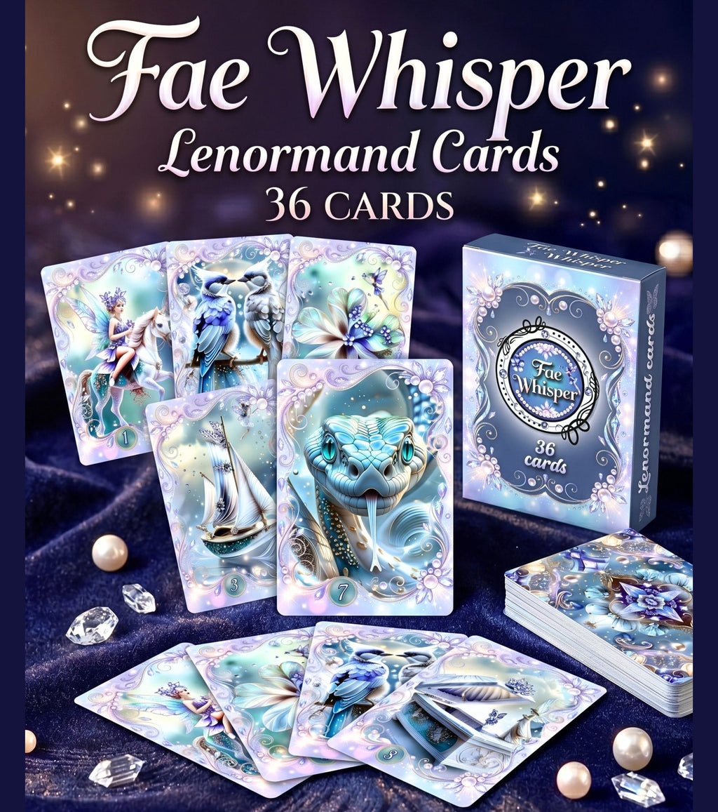 Deck box and spread of Fae Whisper Lenormand 36 cards on dark velvet — whimsical cartomancy oracle with fae and botanical illustration