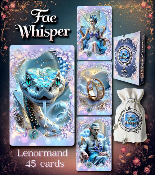 Fae Whisper Lenormand 45 cards deck showcase with snake, ring, fairy cards, tuck box and white satin drawstring pouch