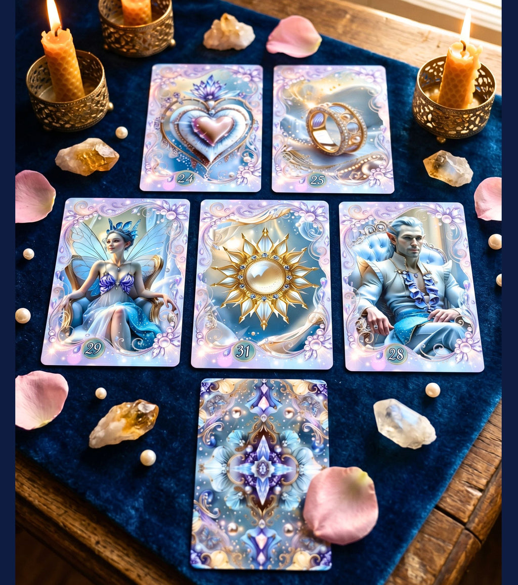 Five-card Lenormand spread with Heart Ring Woman Sun Man cards on blue velvet — rose petals and crystals, fairy oracle daily reading