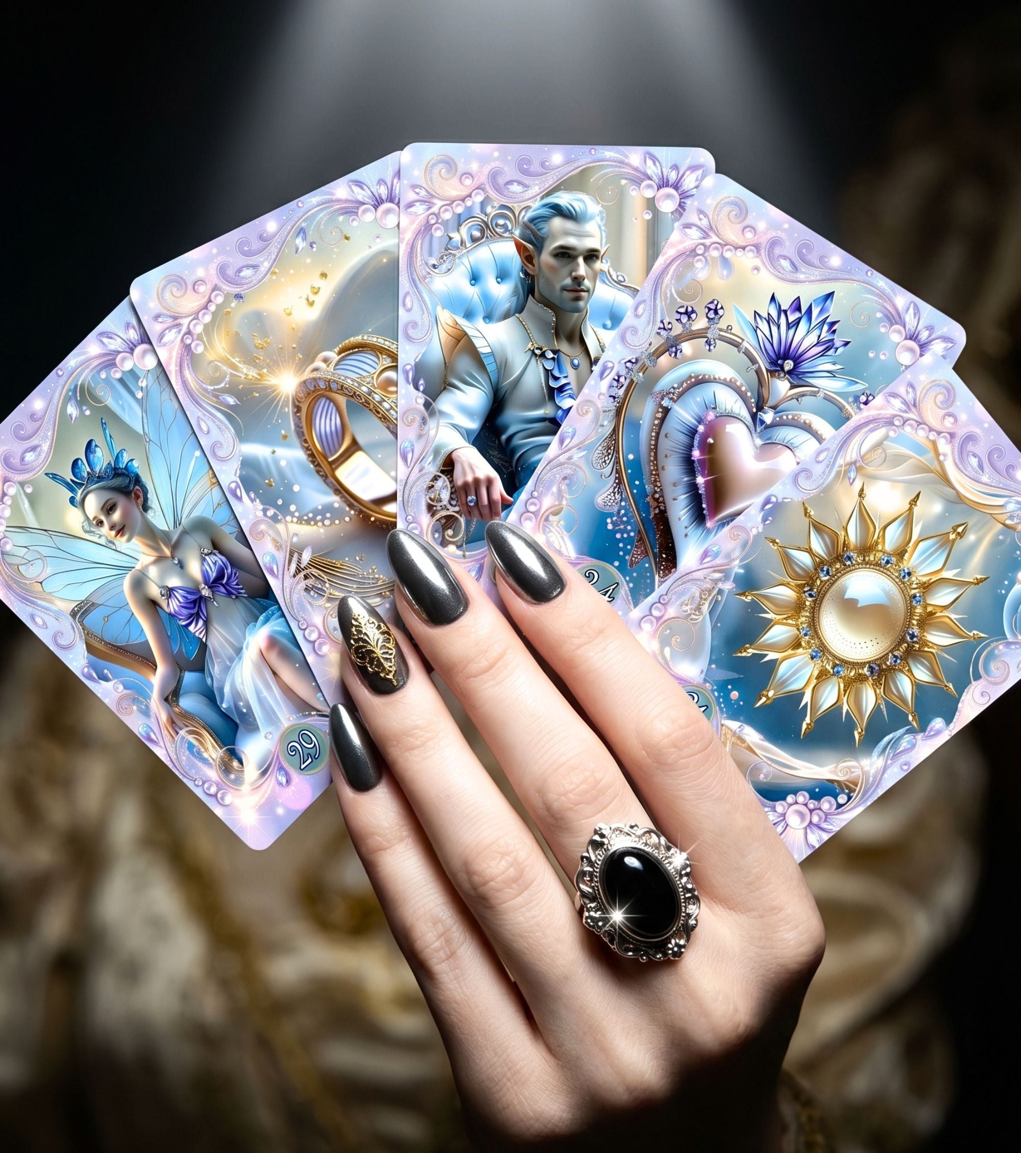 Woman's hand with black gemstone ring holding fanned Fae Whisper Lenormand cards — fairy cartomancy deck with Man Heart Sun illustrations