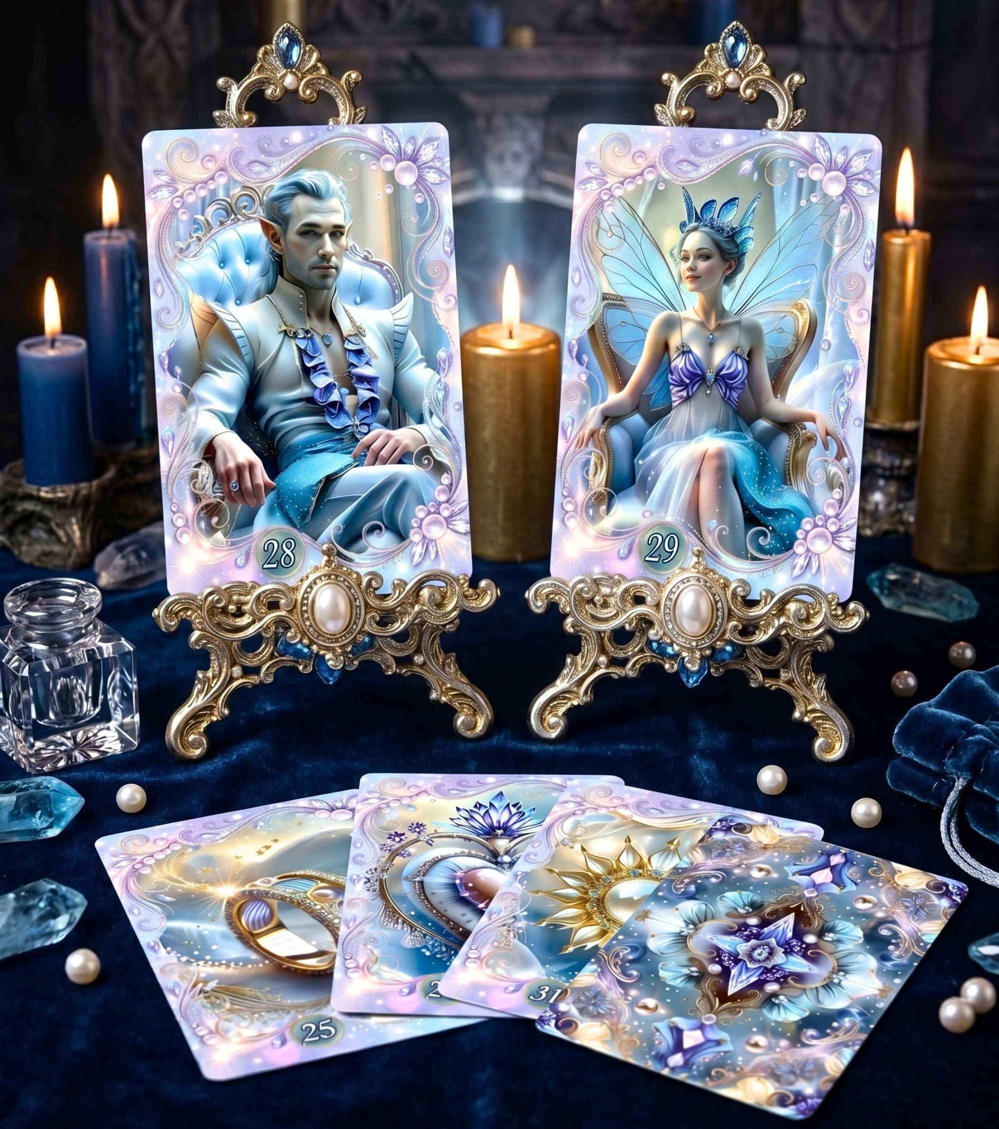 Man and Woman Lenormand cards on gold stands surrounded by candles and crystals — Fae Whisper fairy oracle deck altar display