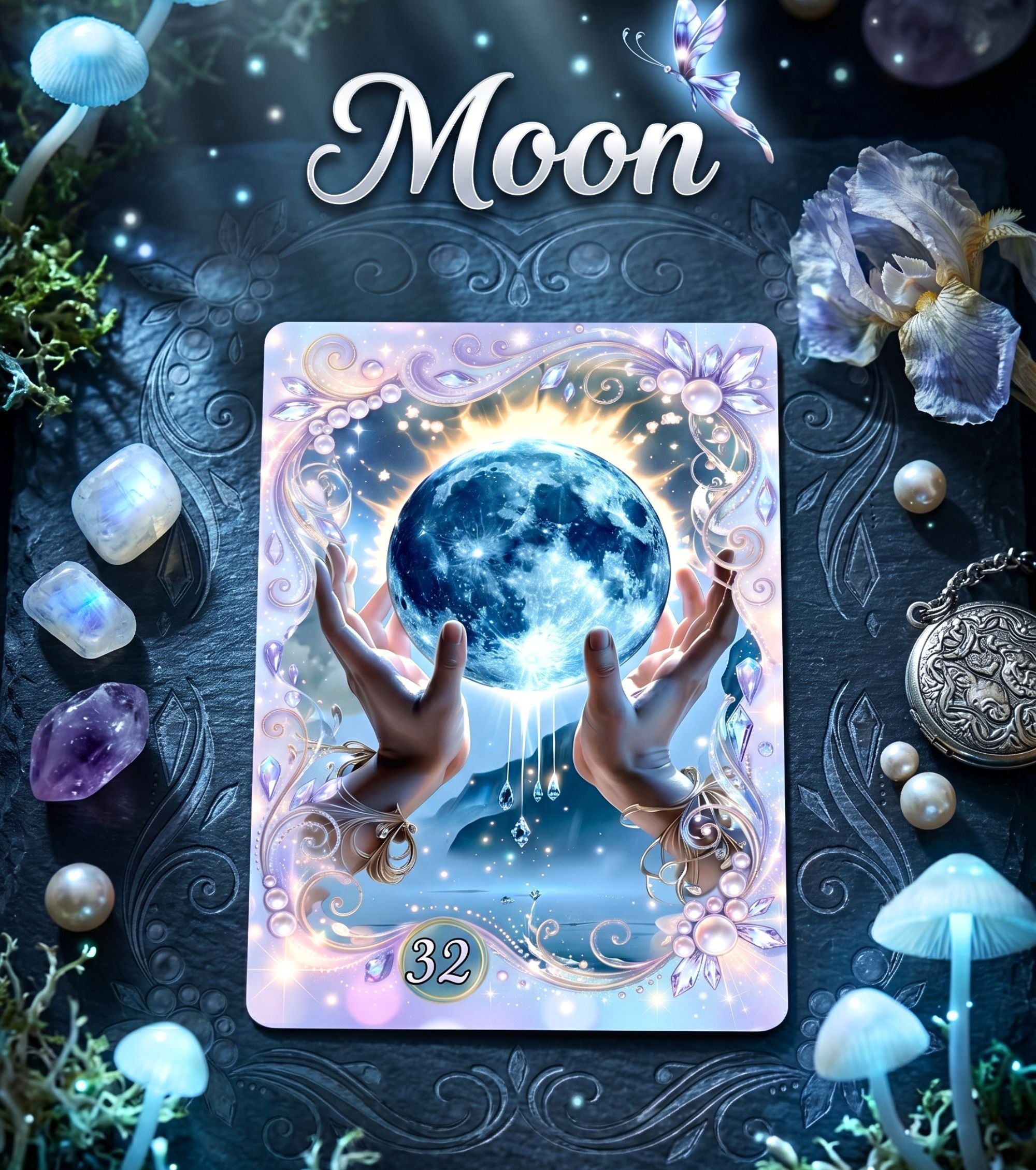 Moon card number 32 from Fae Whisper Lenormand — hands holding glowing moon, crystals and mushrooms, fairy divination deck detail
